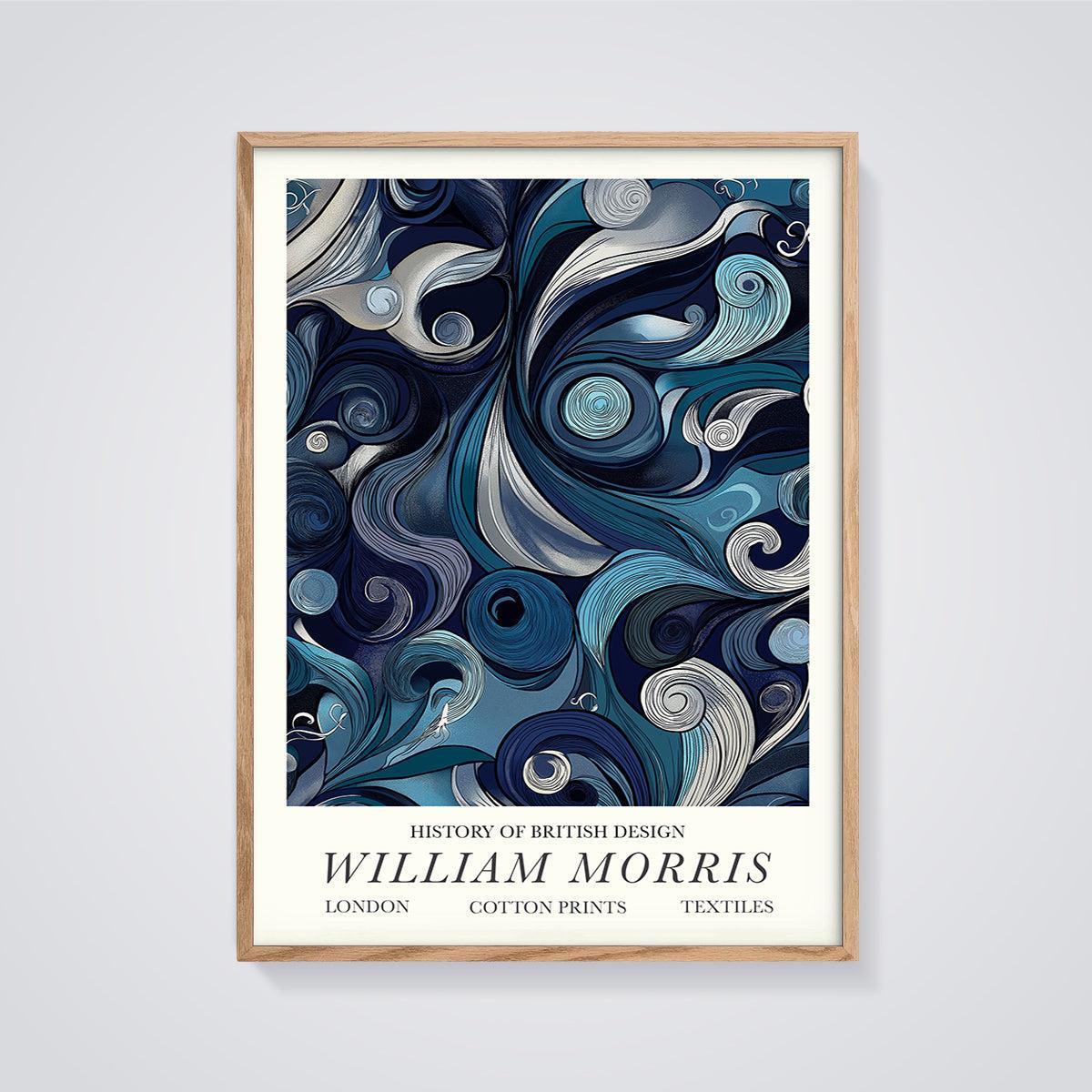 William Morris Blue Swirls Print framed in oak on a grey background