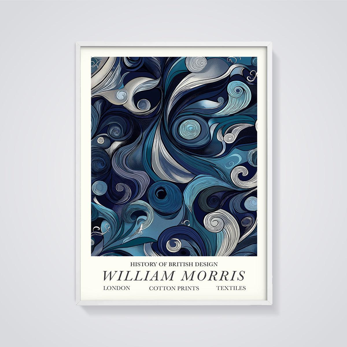 William Morris Blue Swirls Print framed in white on a grey background