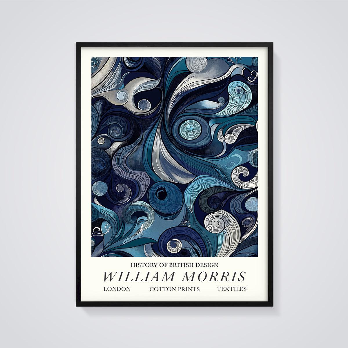 William Morris Blue Swirls Print framed in black on a grey background