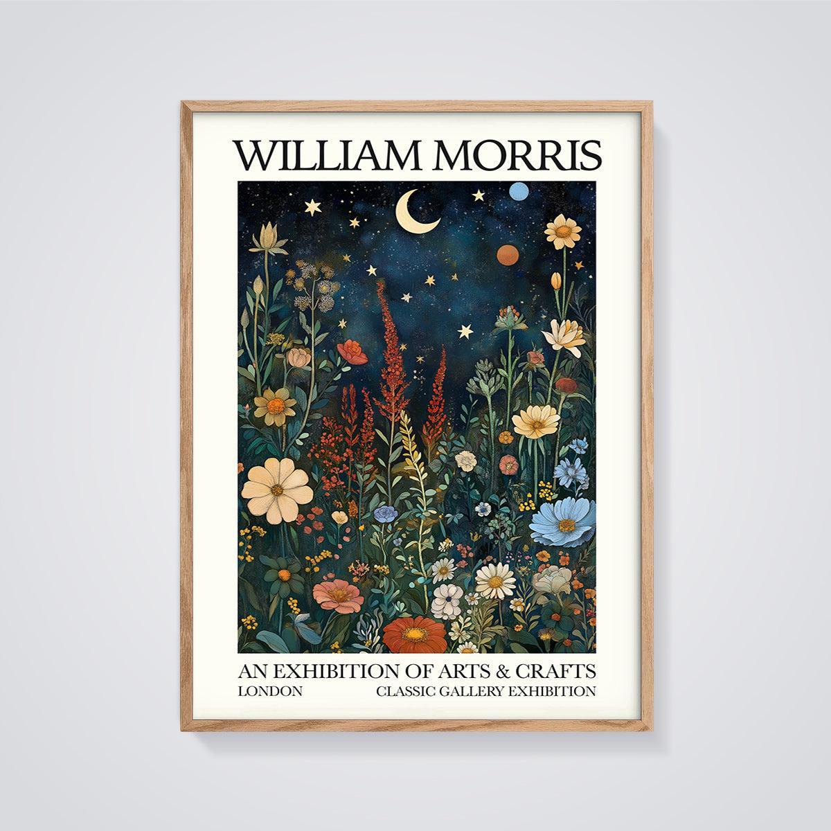 William Morris Botanical Night Sky Print framed in oak on a grey background