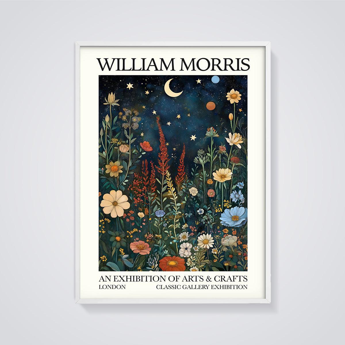 William Morris Botanical Night Sky Print framed in white on a grey background