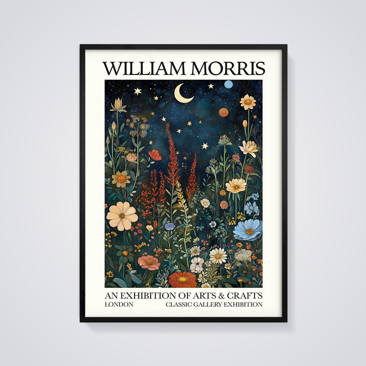 William Morris Botanical Night Sky Print framed in black on a grey background