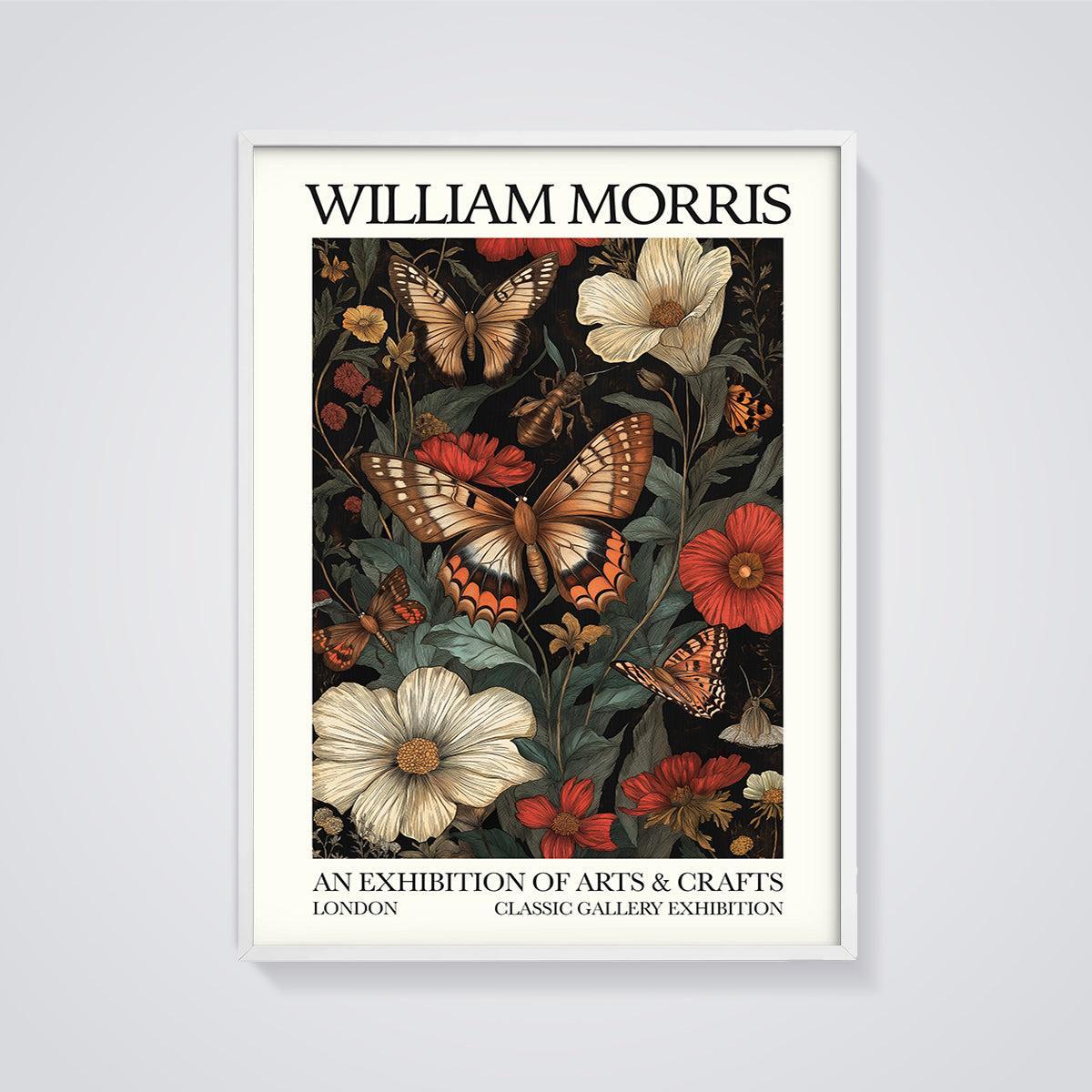 William Morris Butterfly Floral Print framed in white on a grey background