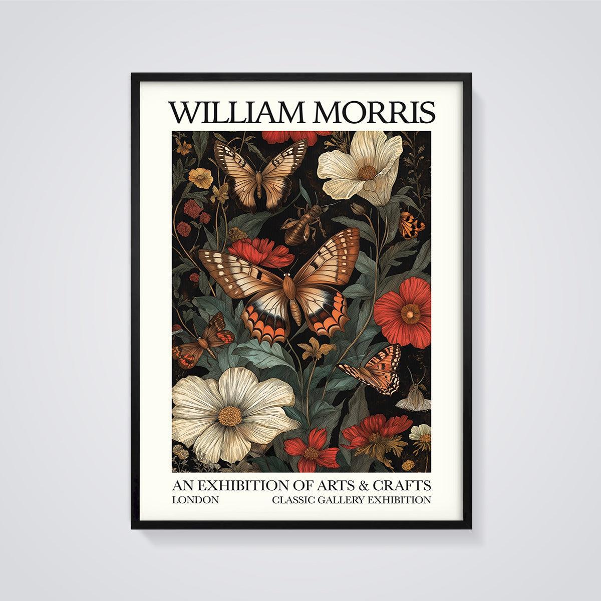 William Morris Butterfly Floral Print framed in black on a grey background
