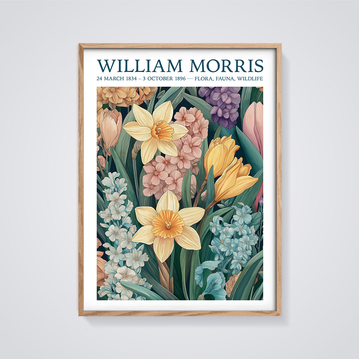 William Morris Flora Fauna Print framed in oak on a grey background
