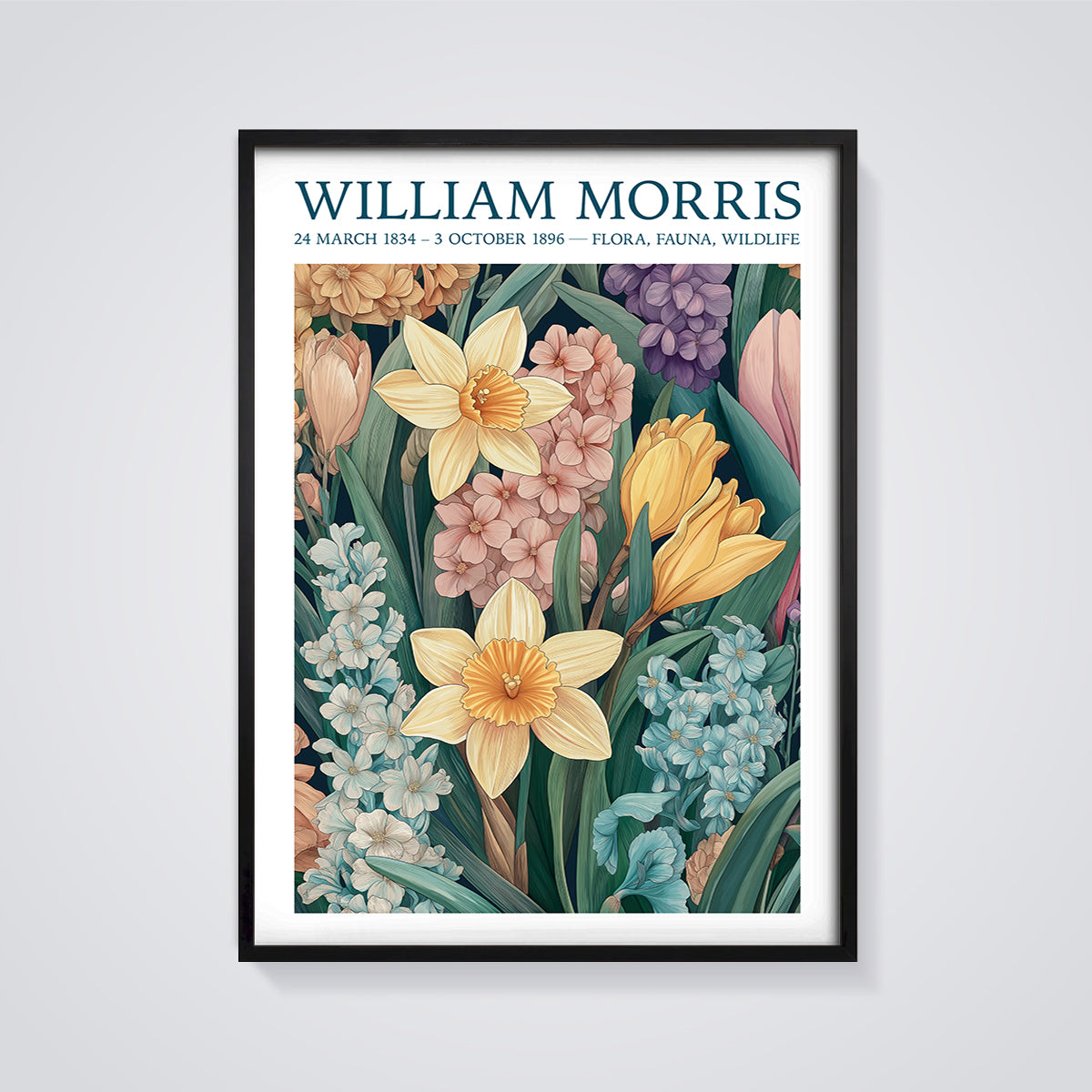 William Morris Flora Fauna Print framed in black on a grey background