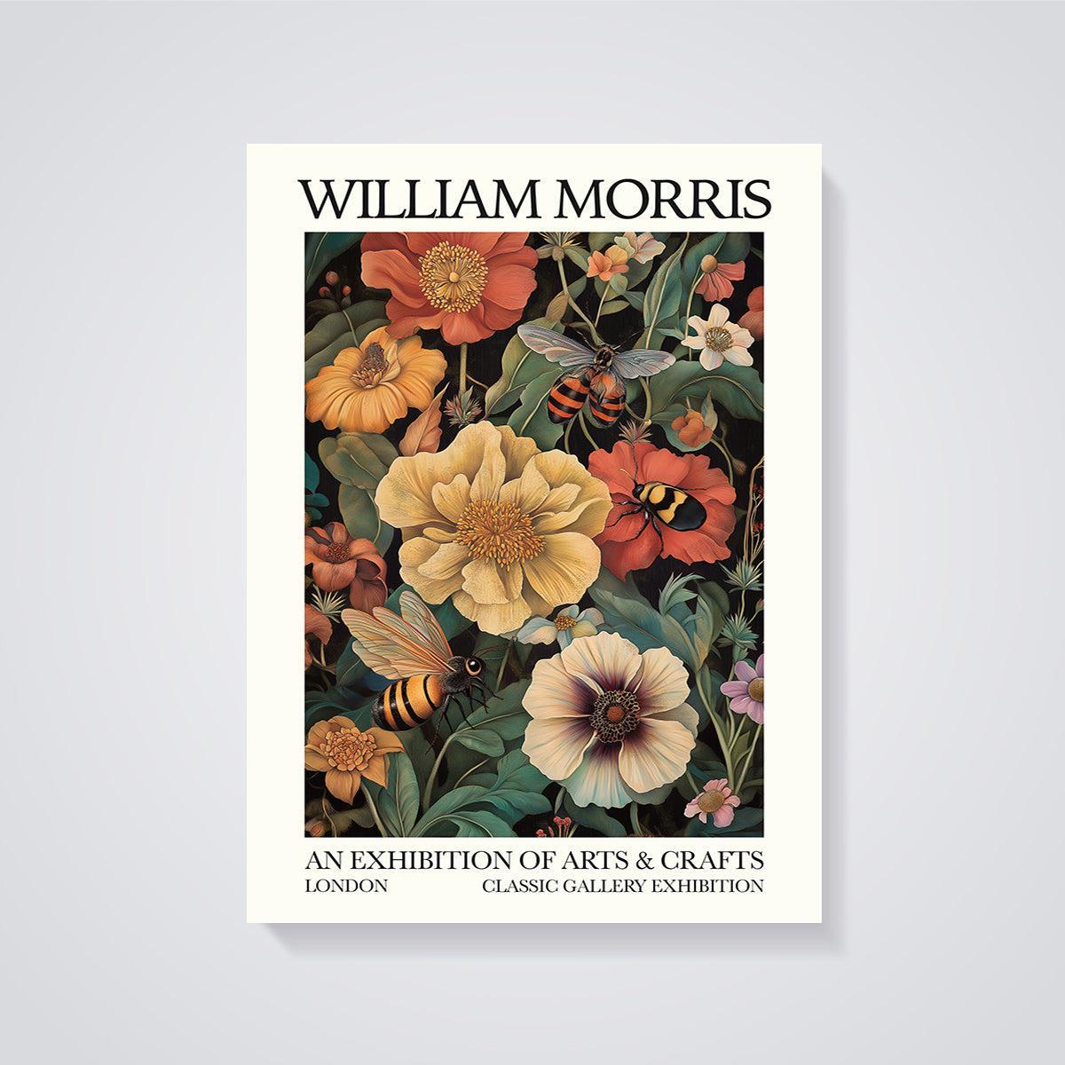 William Morris Floral Bees Exhibition Print unframed on a grey background