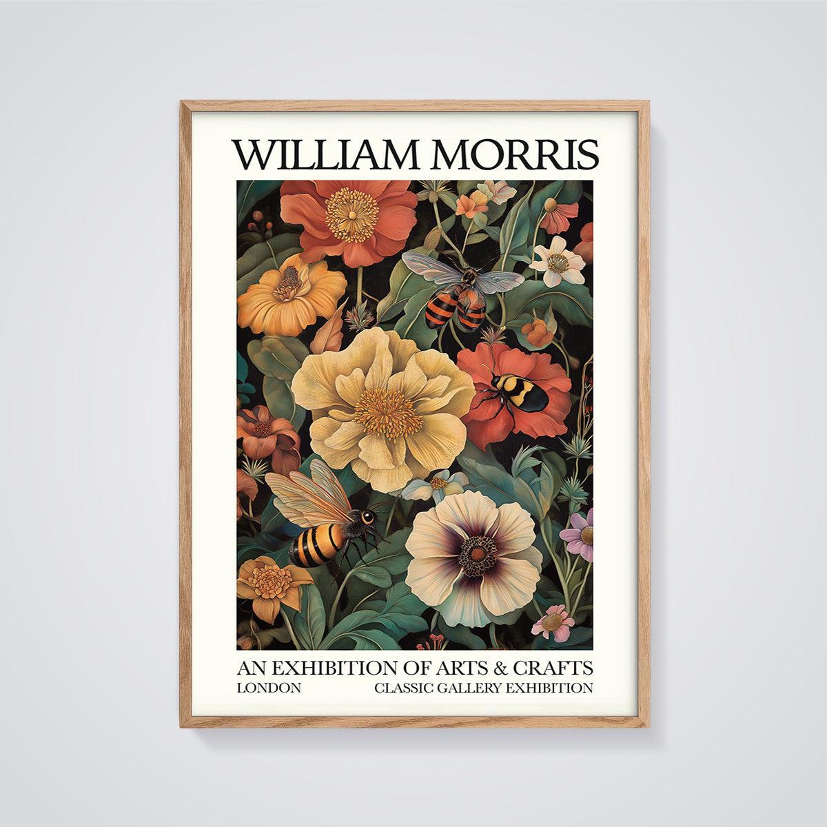William Morris Floral Bees Exhibition Print framed in oak on a grey background