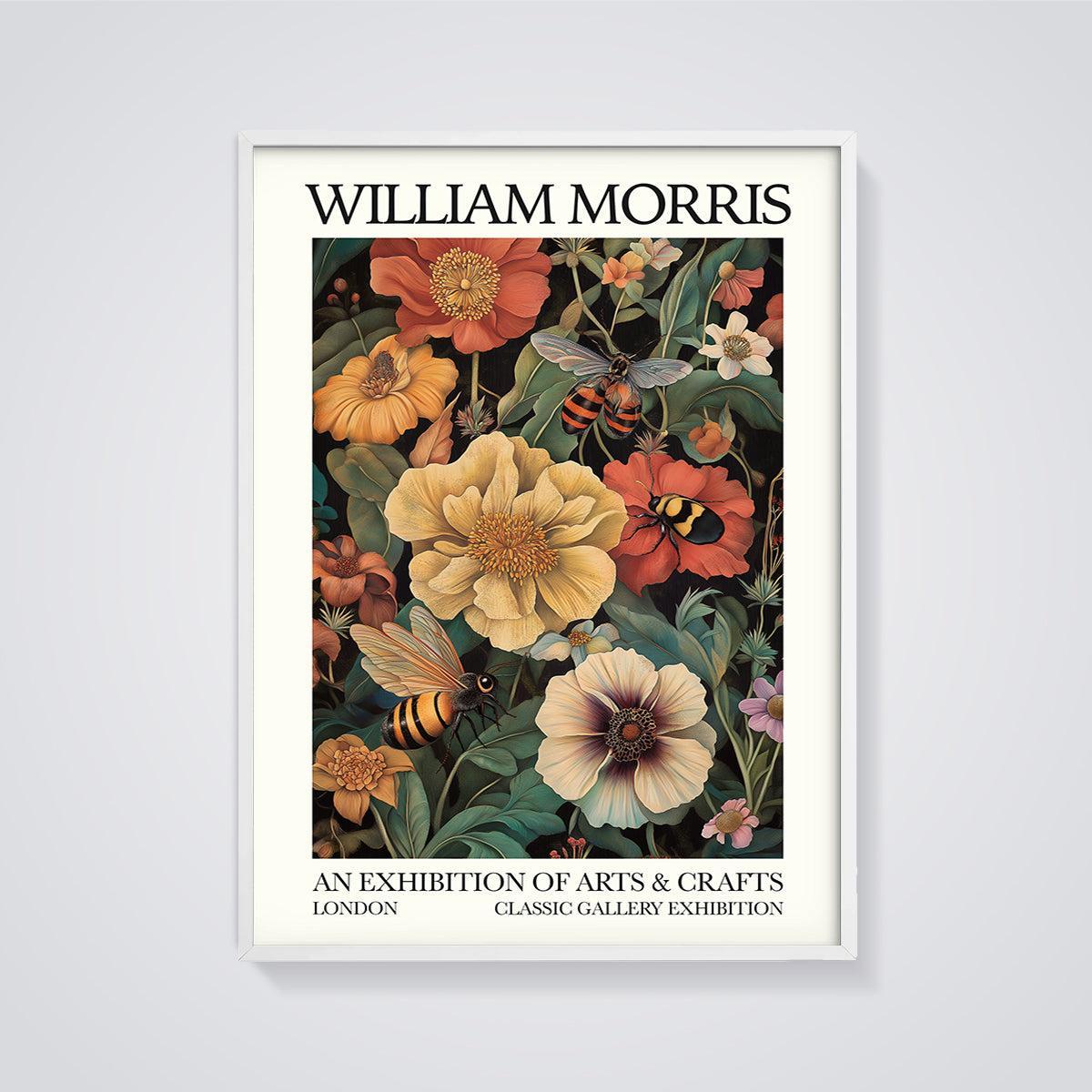 William Morris Floral Bees Exhibition Print framed in white on a grey background