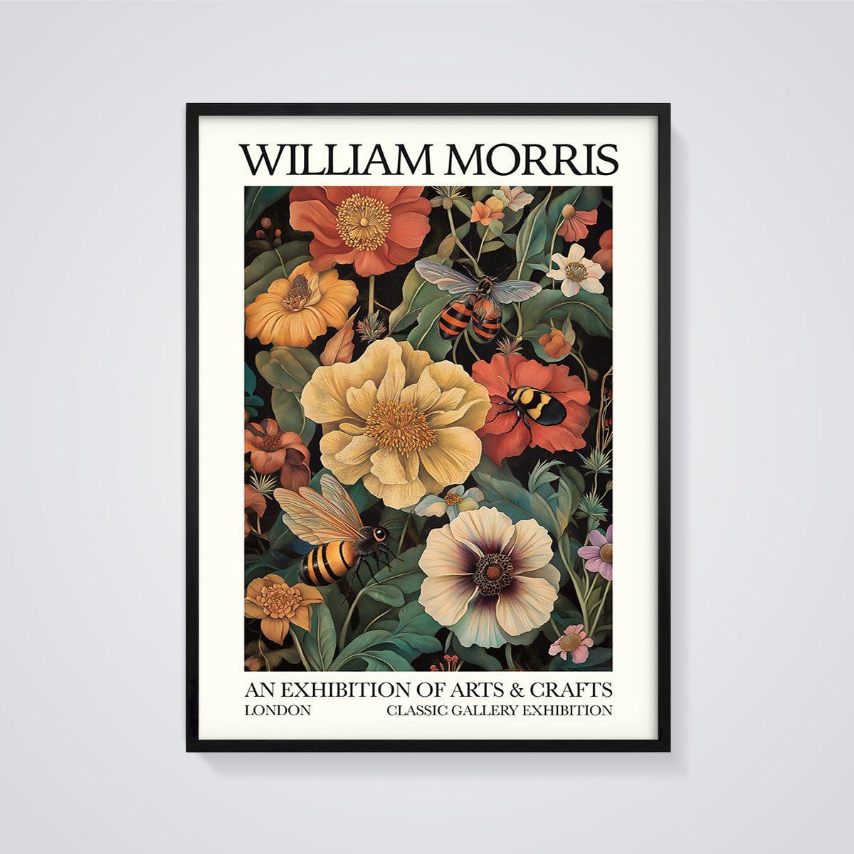 William Morris Floral Bees Exhibition Print framed in black on a grey background