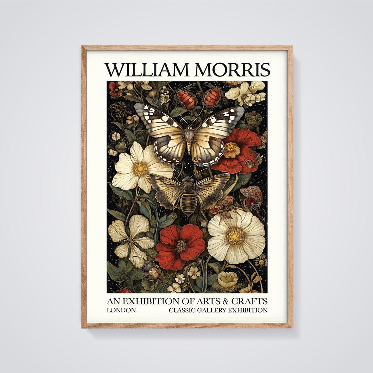 William Morris Floral Butterfly Print framed in oak on a grey background