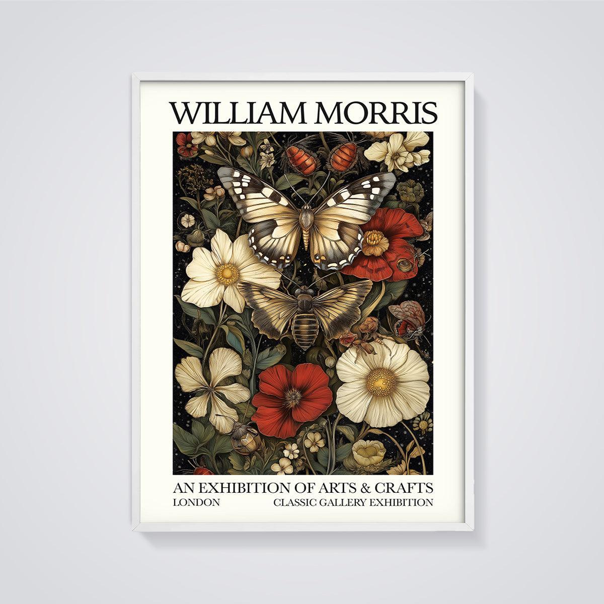 William Morris Floral Butterfly Print framed in white on a grey background