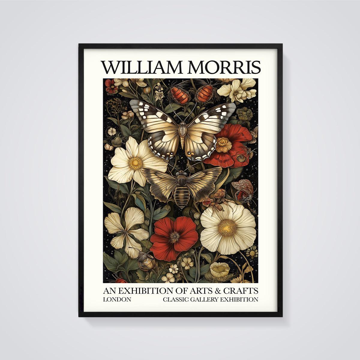 William Morris Floral Butterfly Print framed in black on a grey background