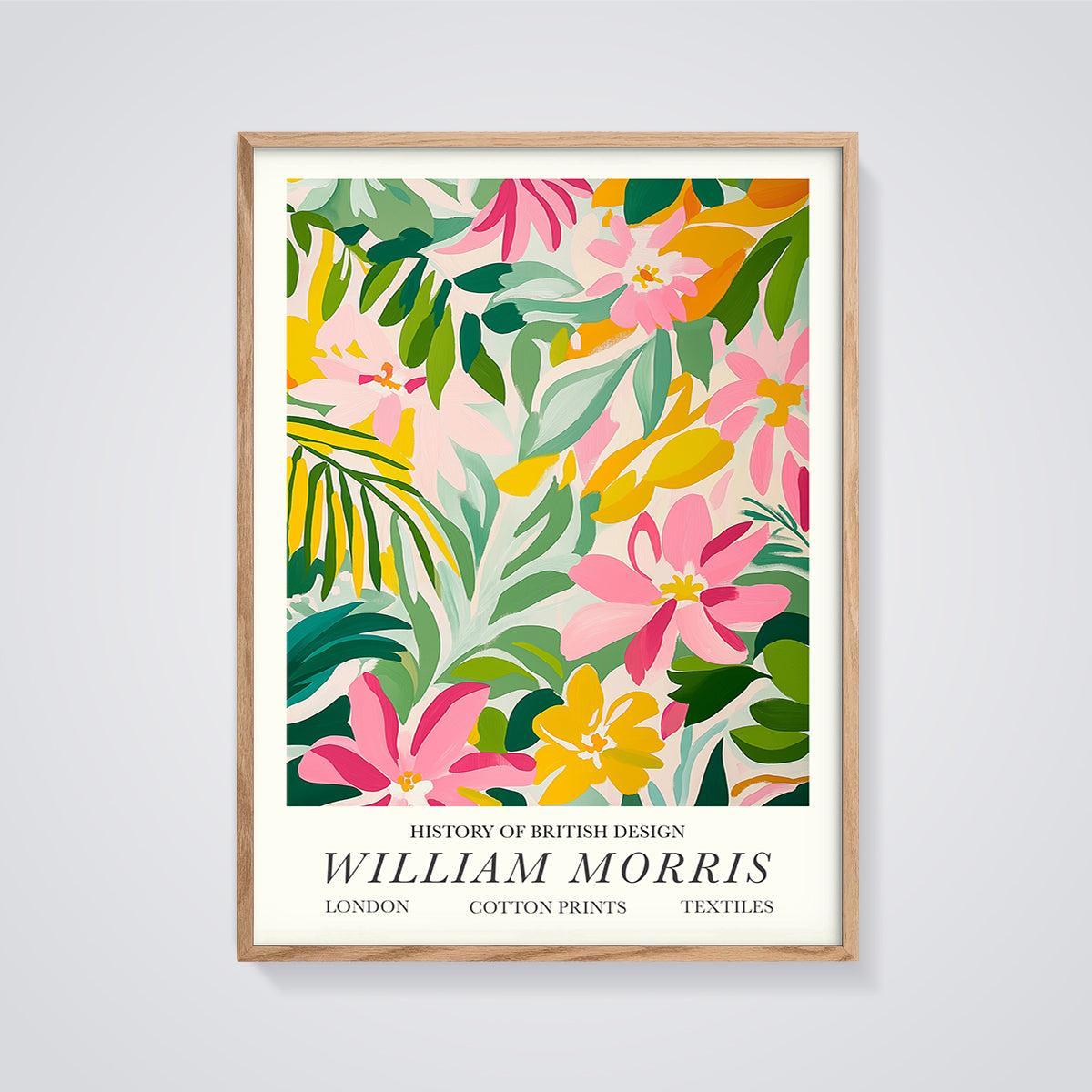 William Morris Floral Cotton Print framed in oak on a grey background