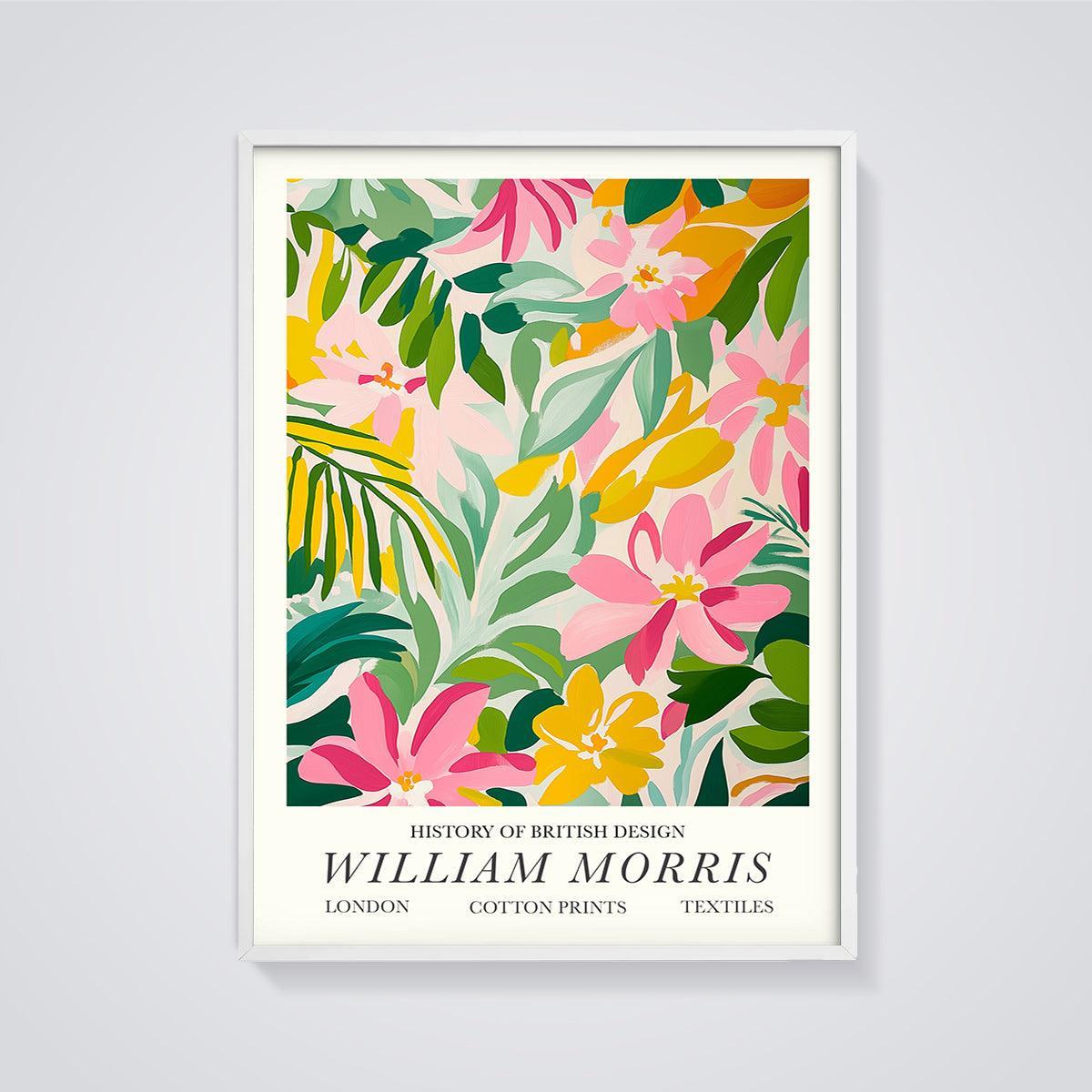 William Morris Floral Cotton Print framed in white on a grey background