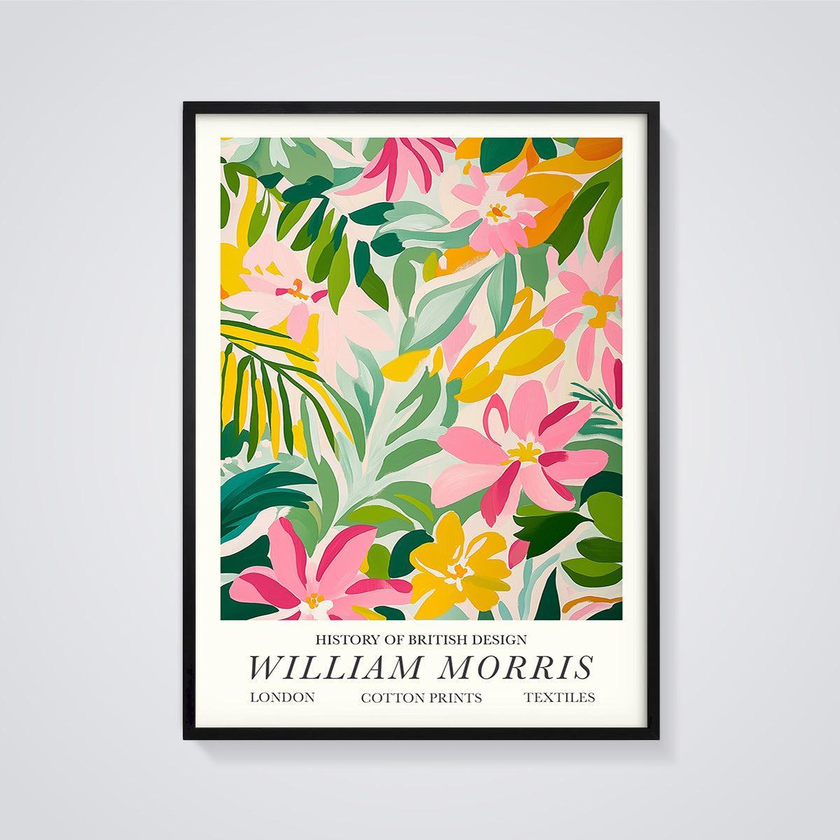 William Morris Floral Cotton Print framed in black on a grey background