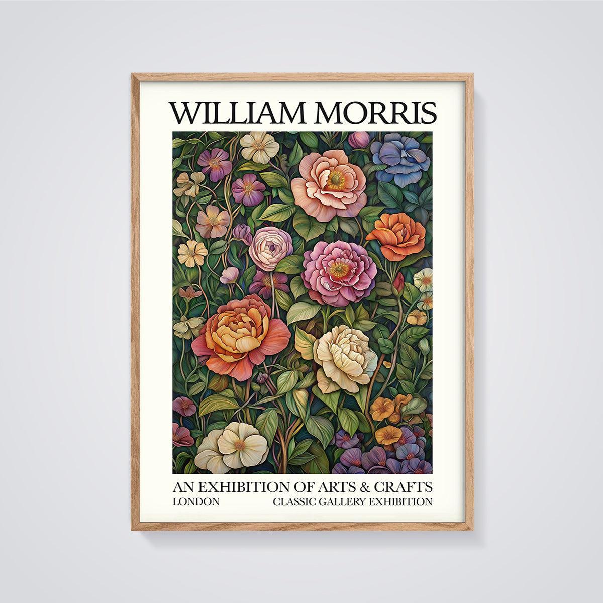 William Morris Floral Exhibition Print framed in oak on a grey background