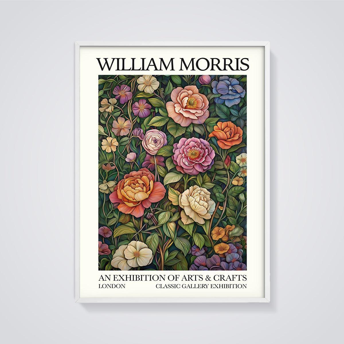 William Morris Floral Exhibition Print framed in white on a grey background