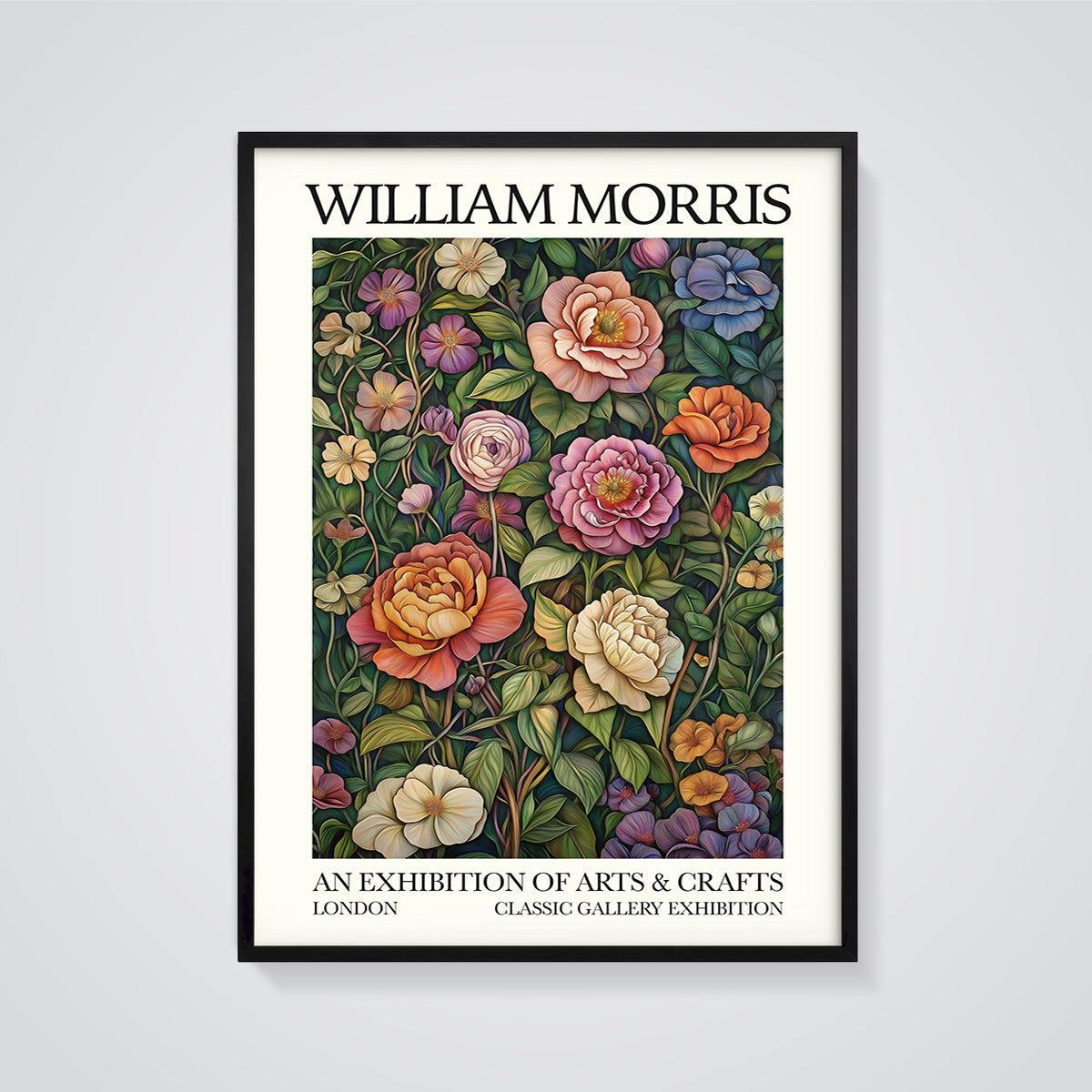 William Morris Floral Exhibition Print framed in black on a grey background