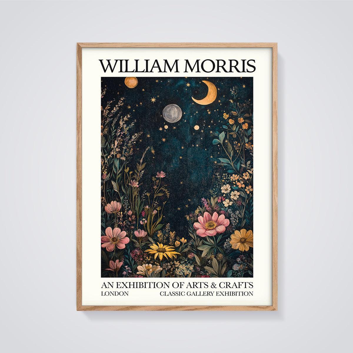 William Morris Floral Moon Garden Print framed in oak on a grey background