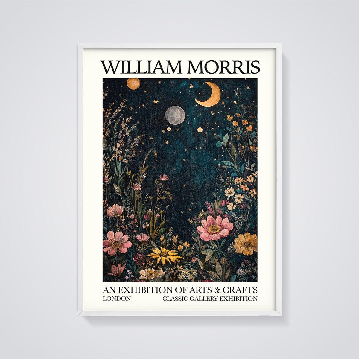William Morris Floral Moon Garden Print framed in white on a grey background