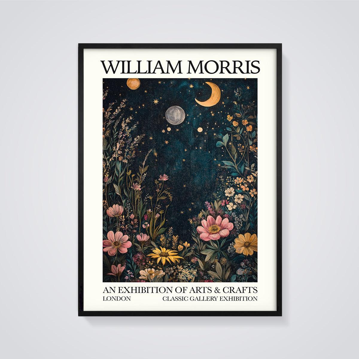 William Morris Floral Moon Garden Print framed in black on a grey background