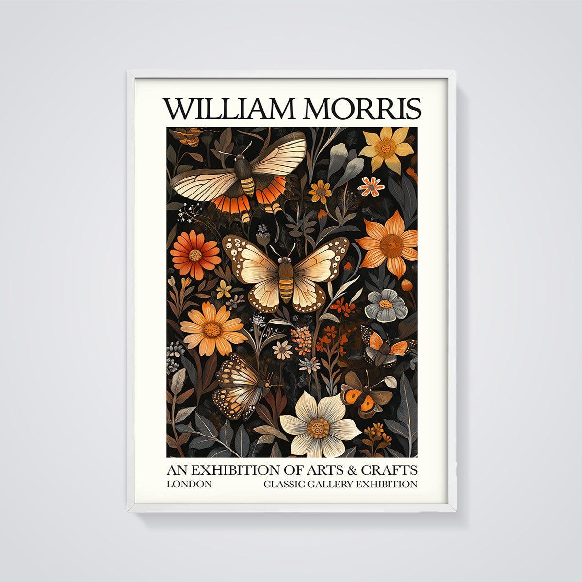 William Morris Floral Moth Print framed in white on a grey background