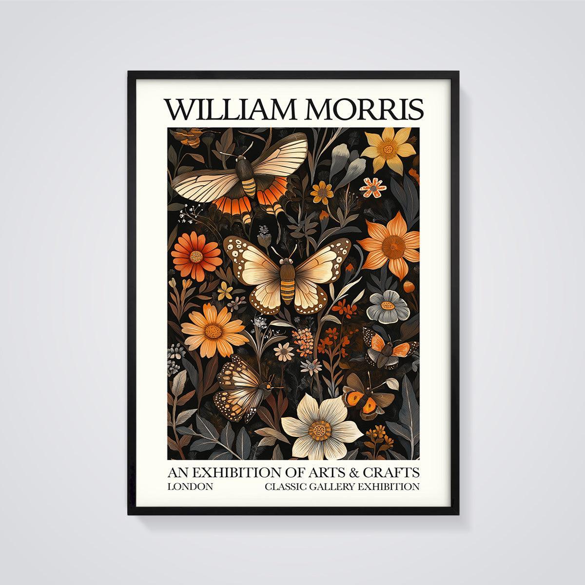 William Morris Floral Moth Print framed in black on a grey background
