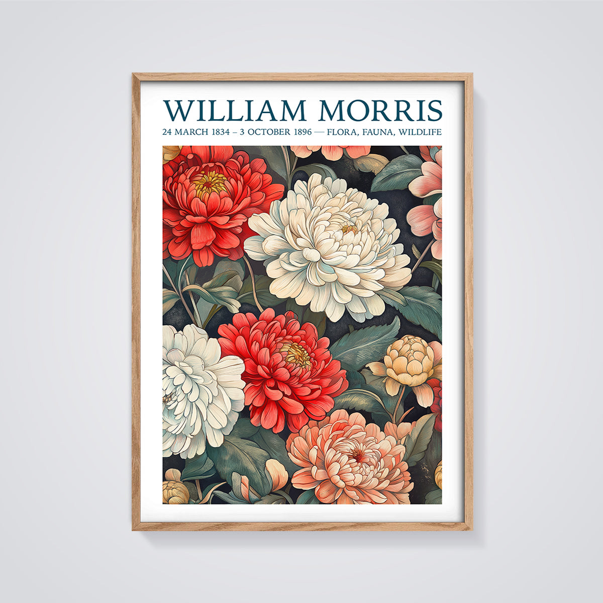 William Morris Floral Pattern Print framed in oak on a grey background