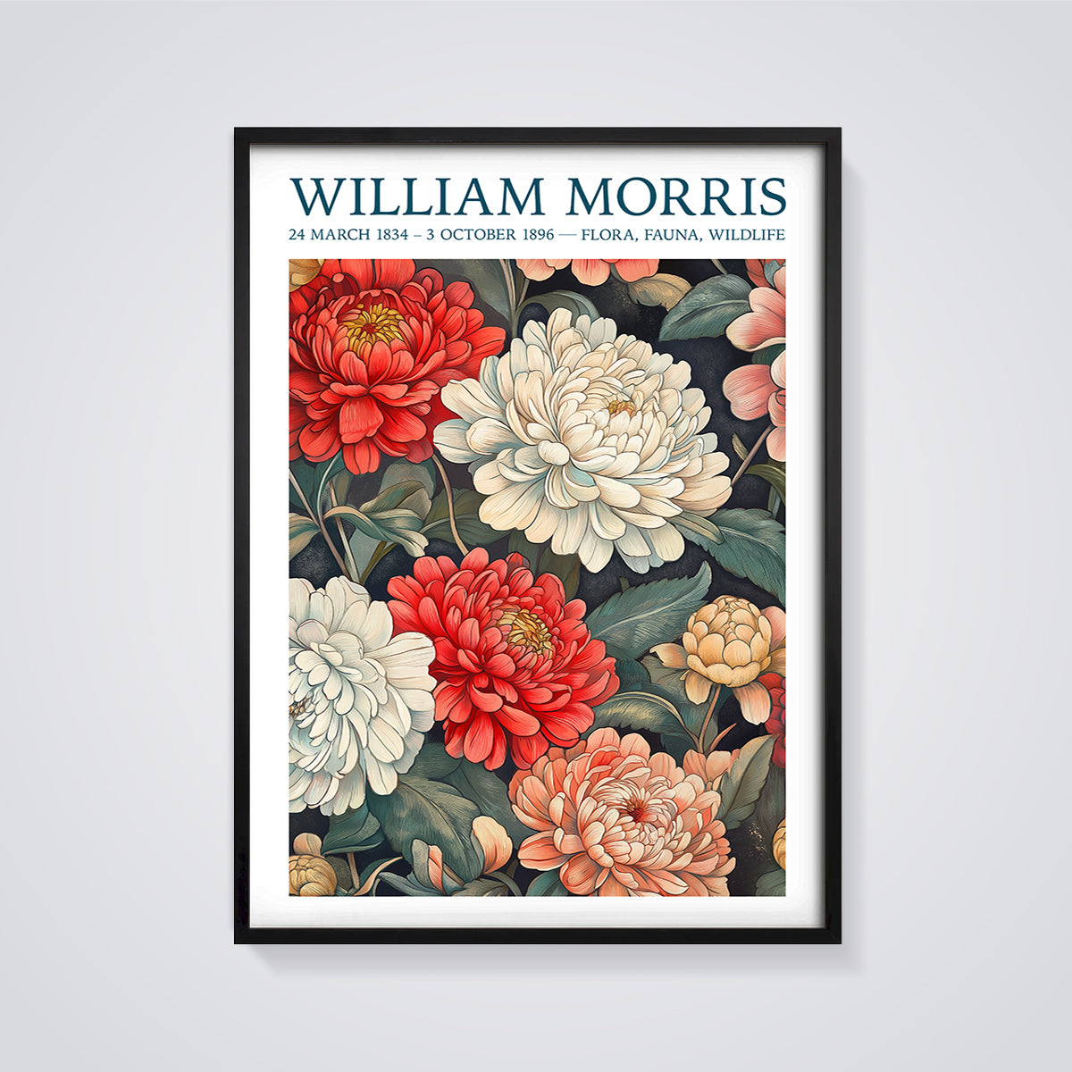 William Morris Floral Pattern Print framed in black on a grey background