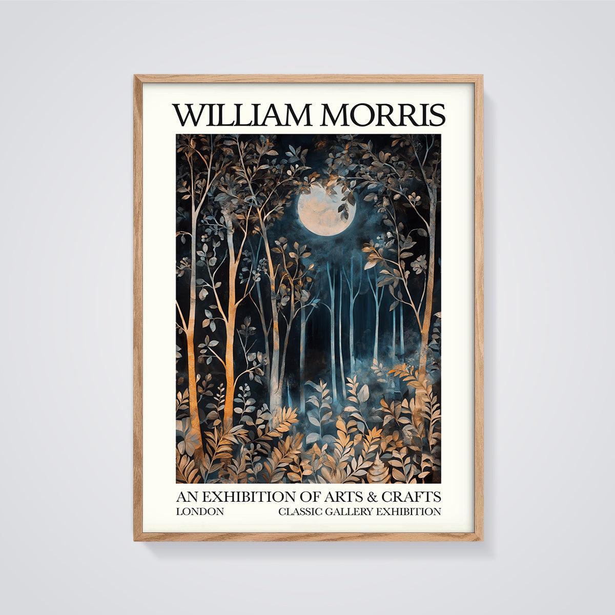 William Morris Moonlight Forest Print framed in oak on a grey background