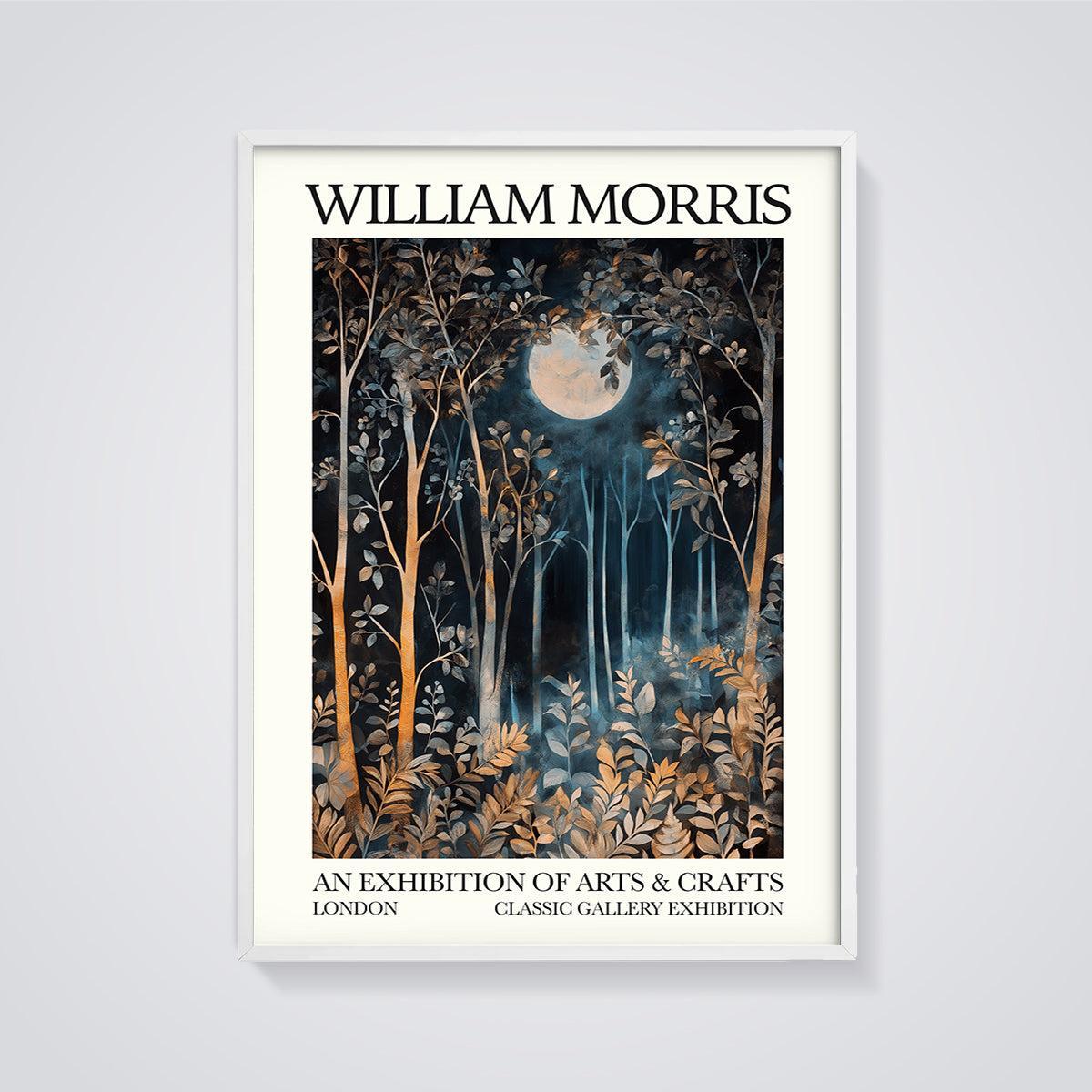 William Morris Moonlight Forest Print framed in white on a grey background