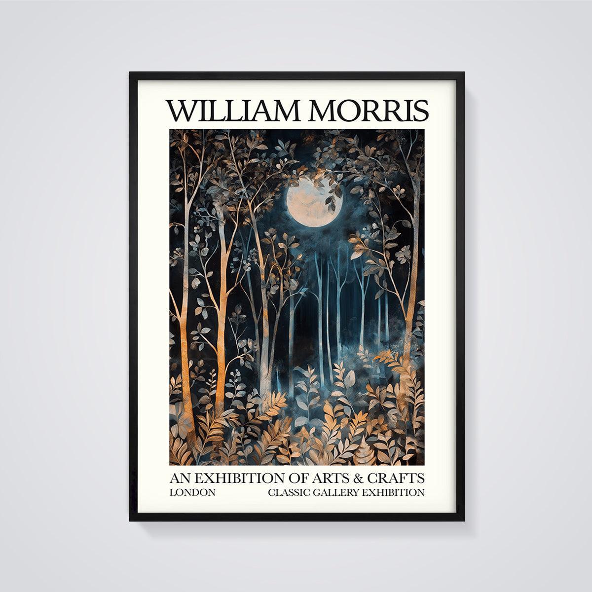 William Morris Moonlight Forest Print framed in black on a grey background