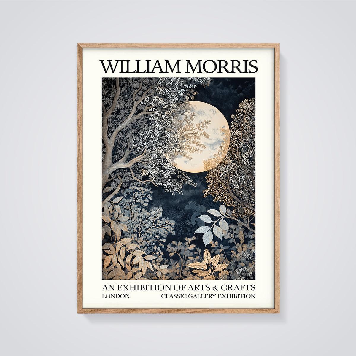 William Morris Moonlit Forest Print framed in oak on a grey background