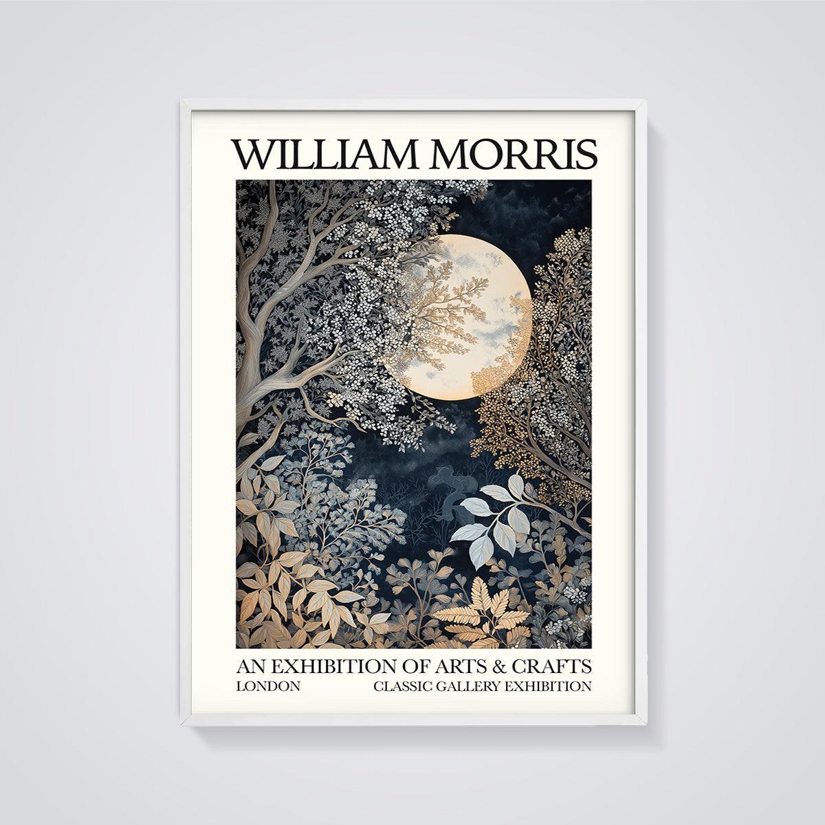 William Morris Moonlit Forest Print framed in white on a grey background