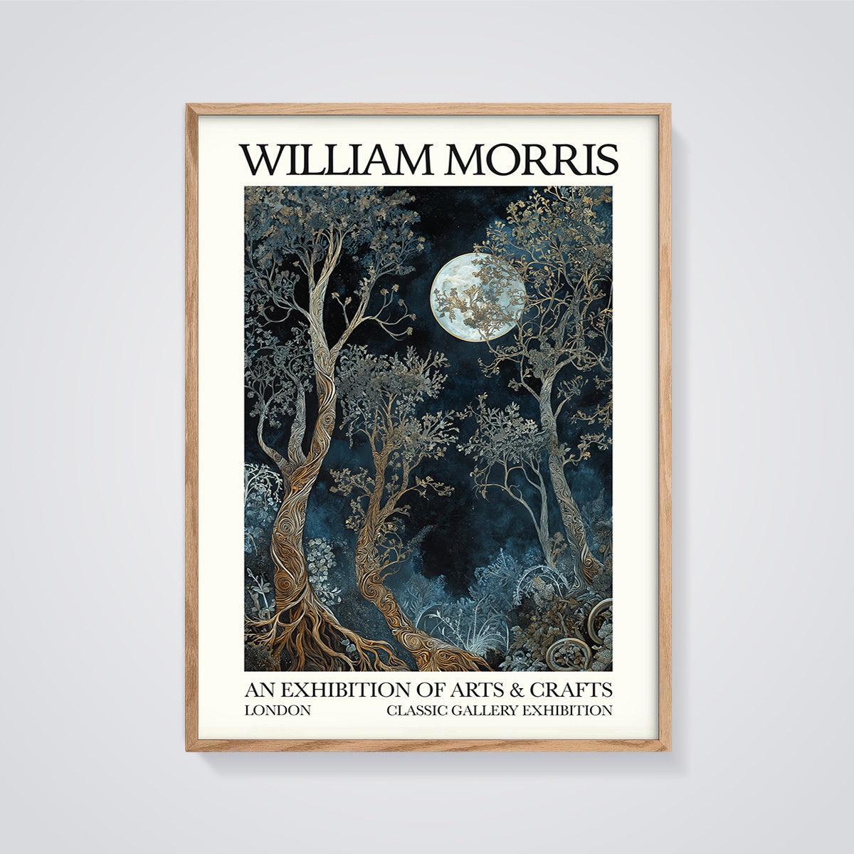 William Morris Moonlit Forest Print Aesthetic framed in oak on a grey background