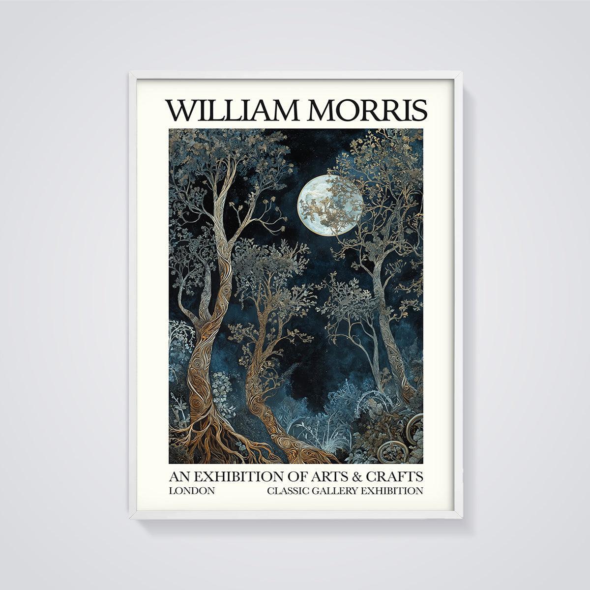 William Morris Moonlit Forest Print Aesthetic framed in white on a grey background