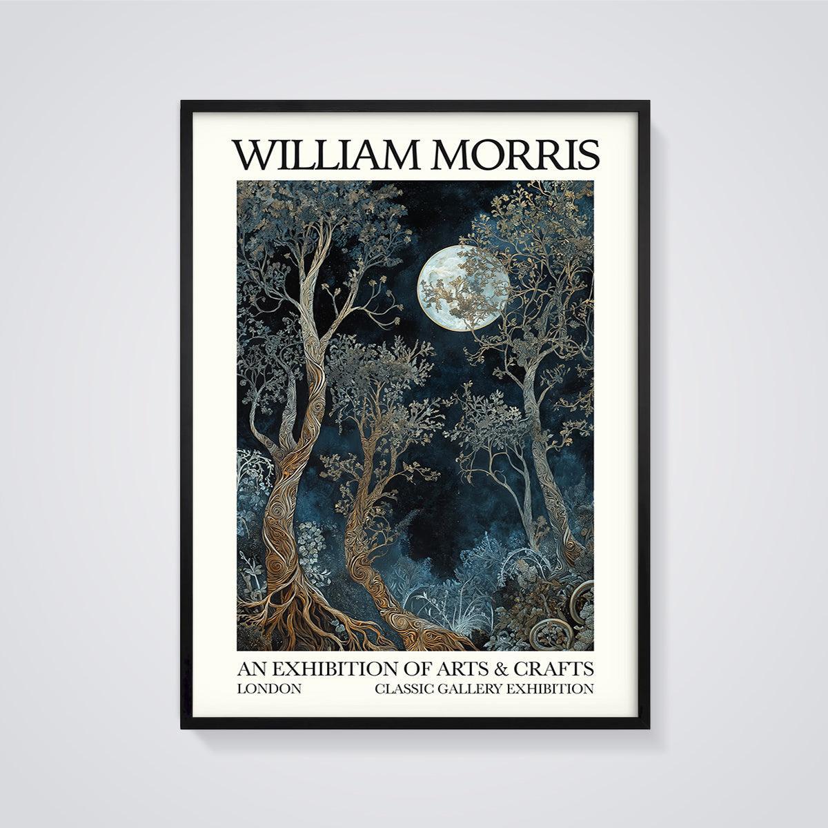 William Morris Moonlit Forest Print Aesthetic framed in black on a grey background