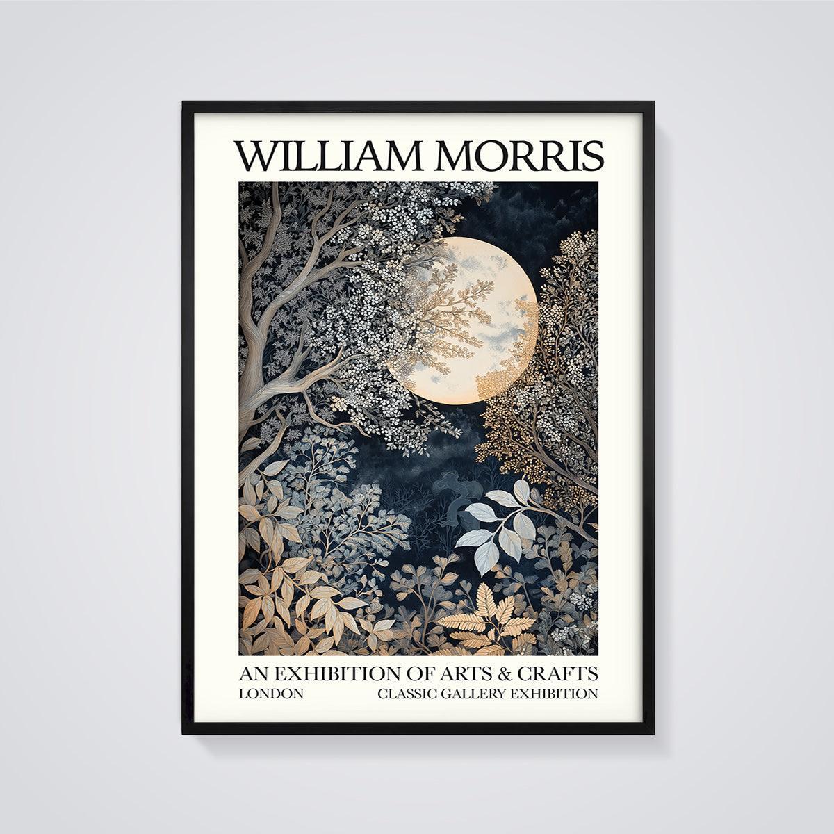 William Morris Moonlit Forest Print framed in black on a grey background