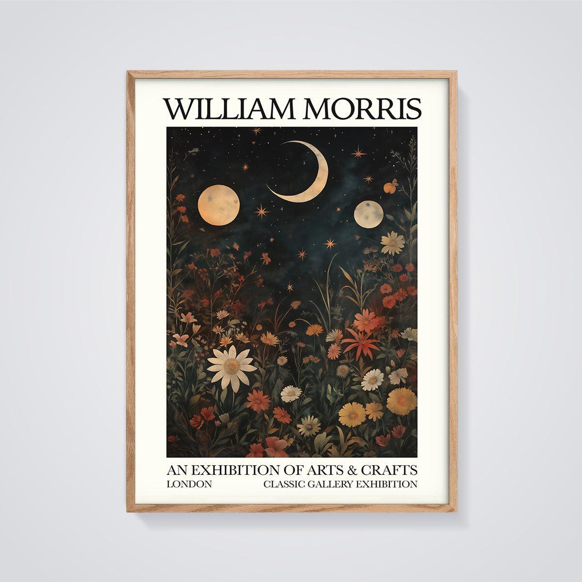 William Morris Moonlit Garden Print framed in oak on a grey background