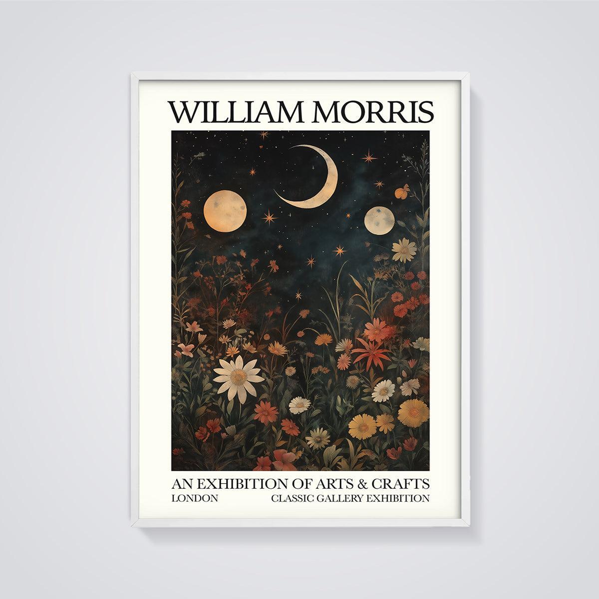 William Morris Moonlit Garden Print framed in white on a grey background