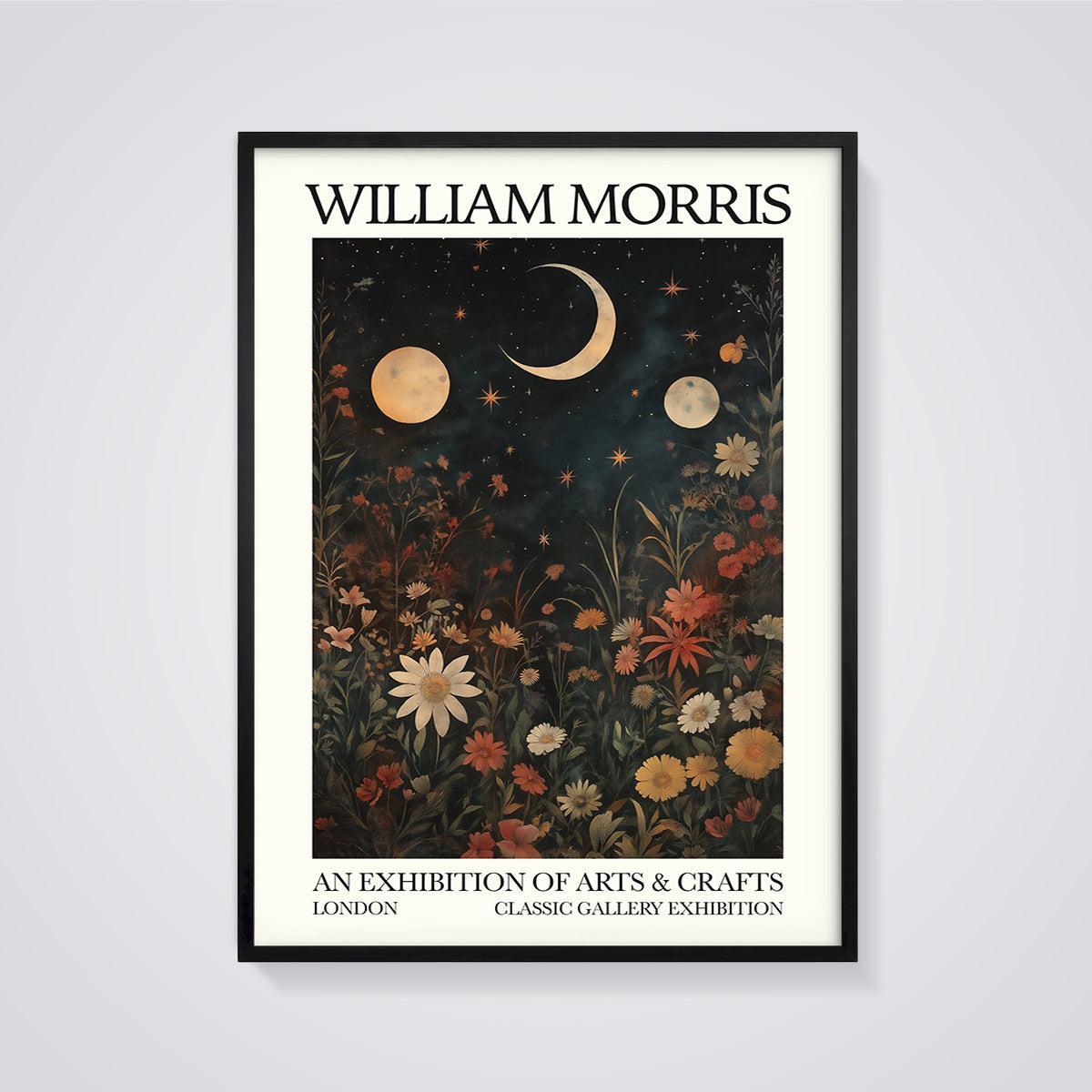 William Morris Moonlit Garden Print framed in black on a grey background