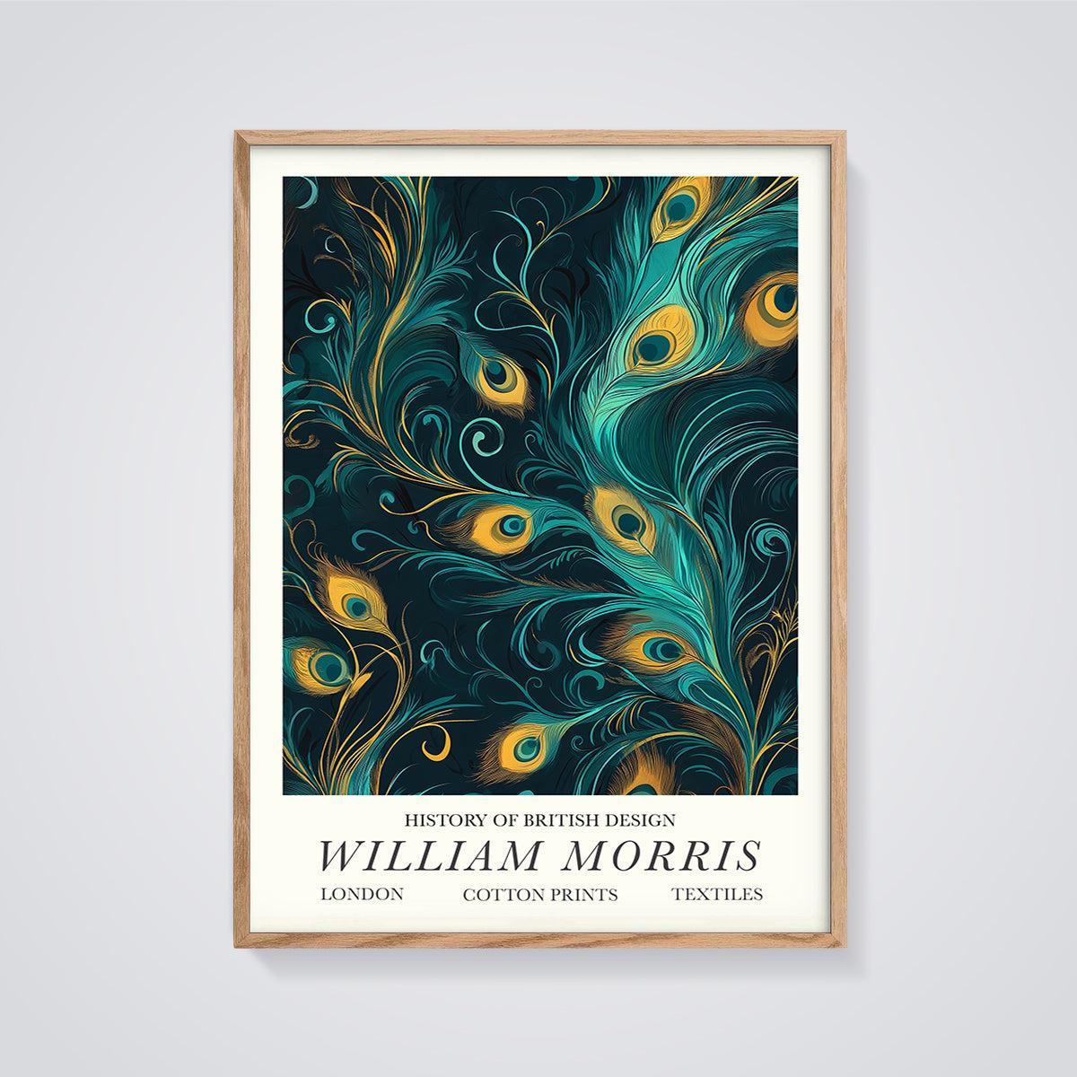 William Morris Peacock Feather Print framed in oak on a grey background