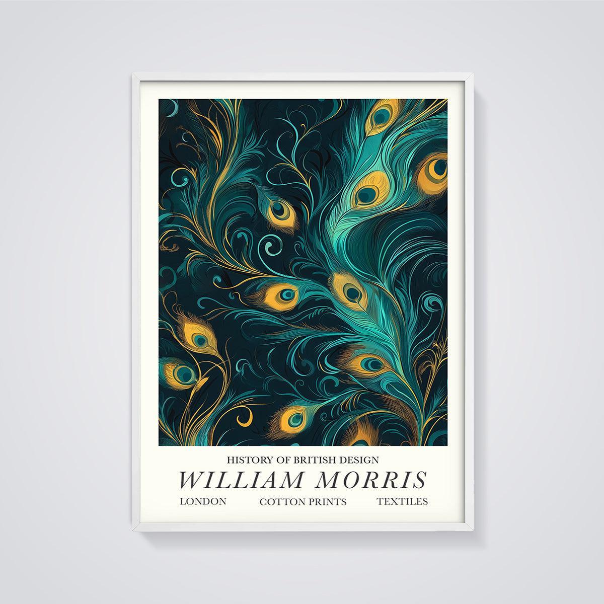 William Morris Peacock Feather Print framed in white on a grey background
