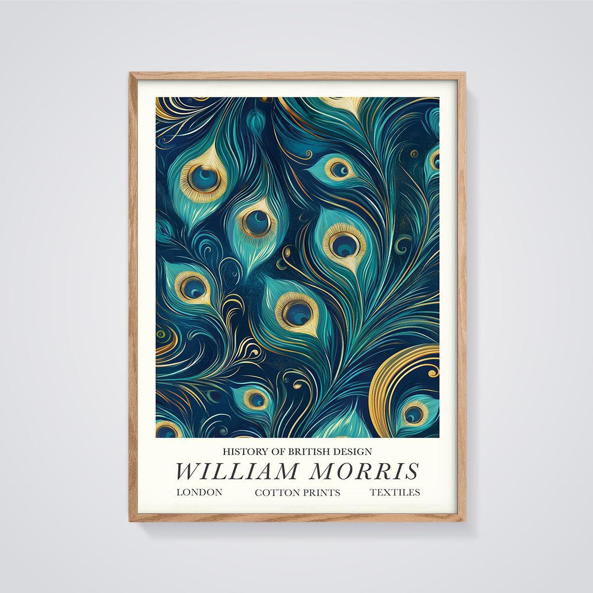 William Morris Peacock Feather Print Aesthetic framed in oak on a grey background
