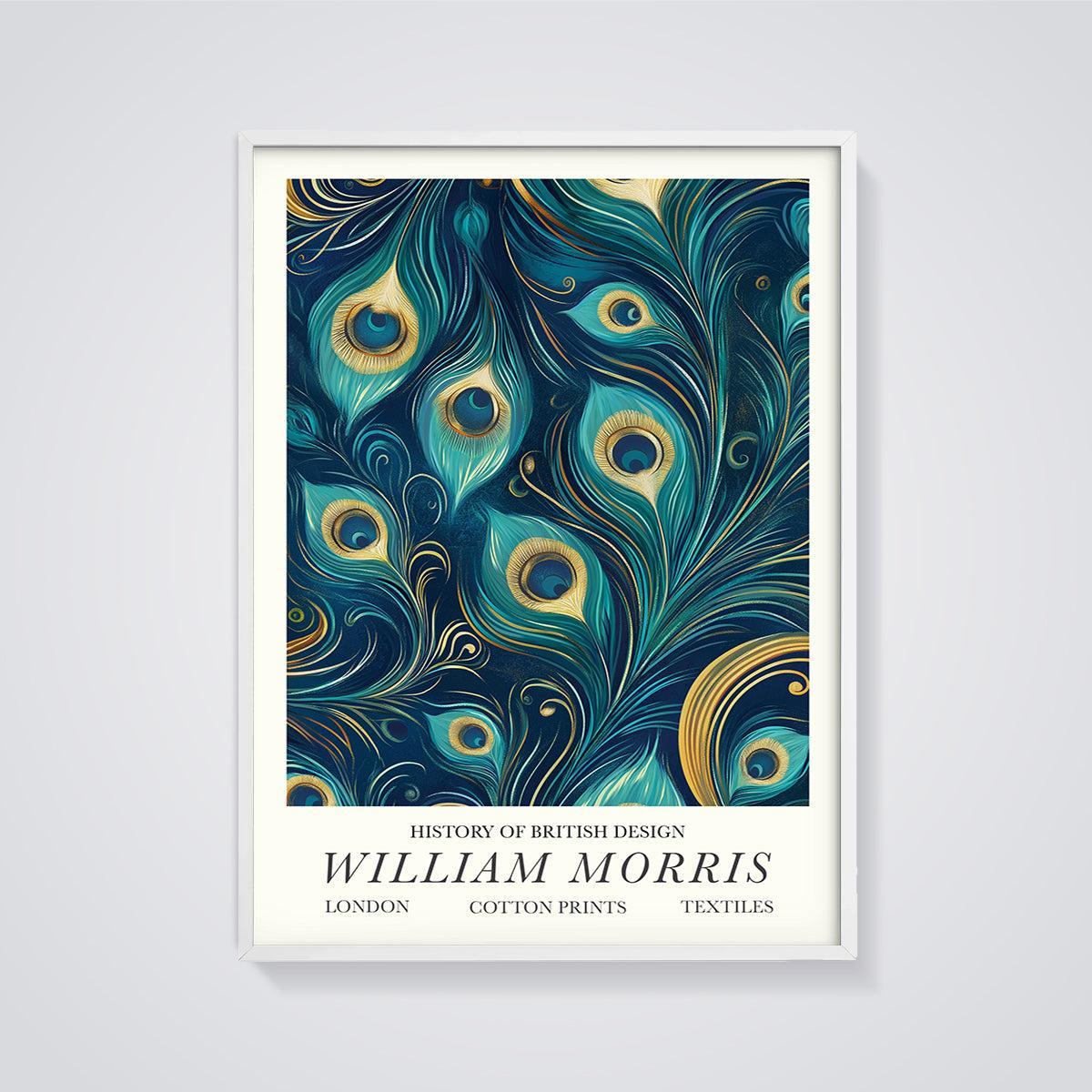 William Morris Peacock Feather Print Aesthetic framed in white on a grey background