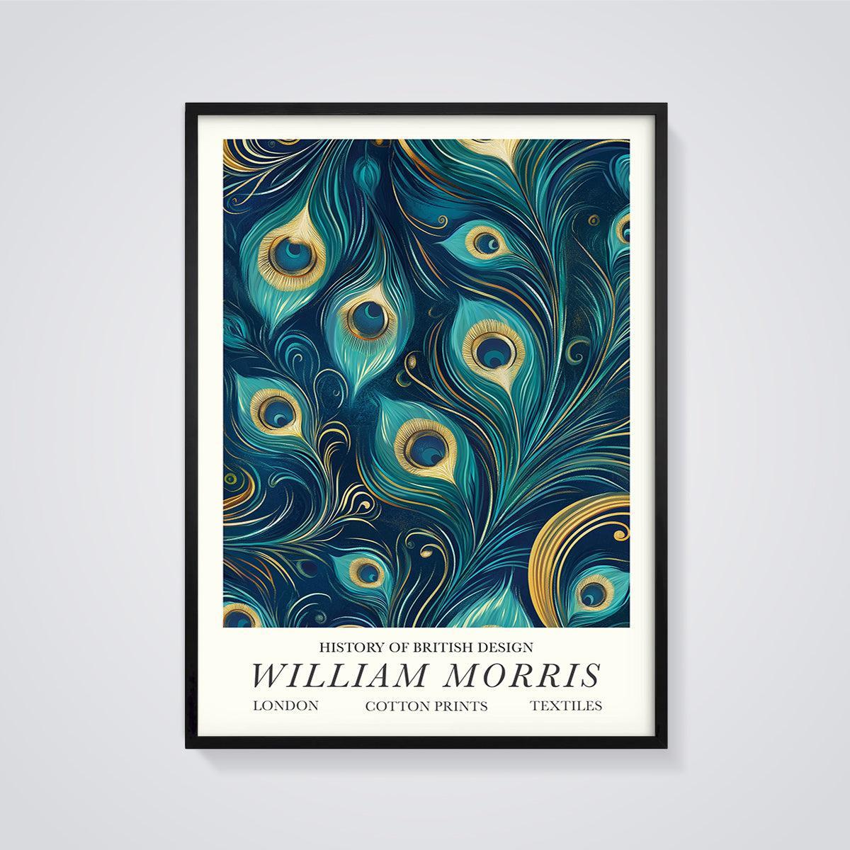 William Morris Peacock Feather Print Aesthetic framed in black on a grey background