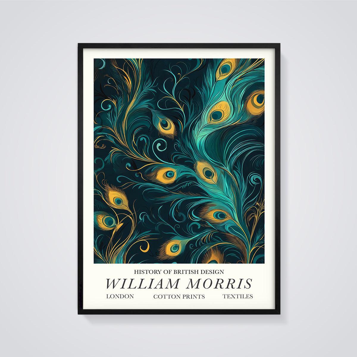 William Morris Peacock Feather Print framed in black on a grey background
