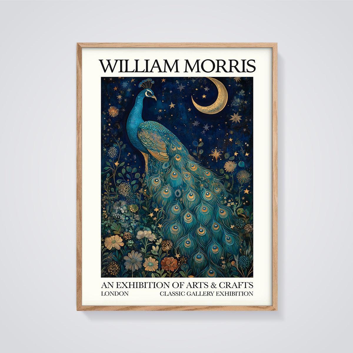 William Morris Starlit Peacock Print framed in oak on a grey background