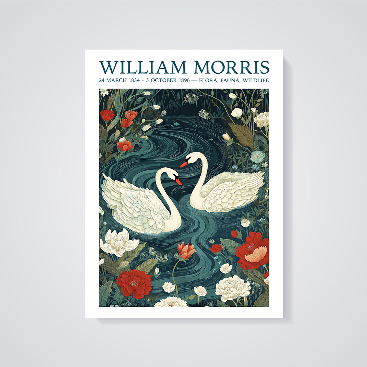 William Morris Swans & Flora Print unframed on a grey background